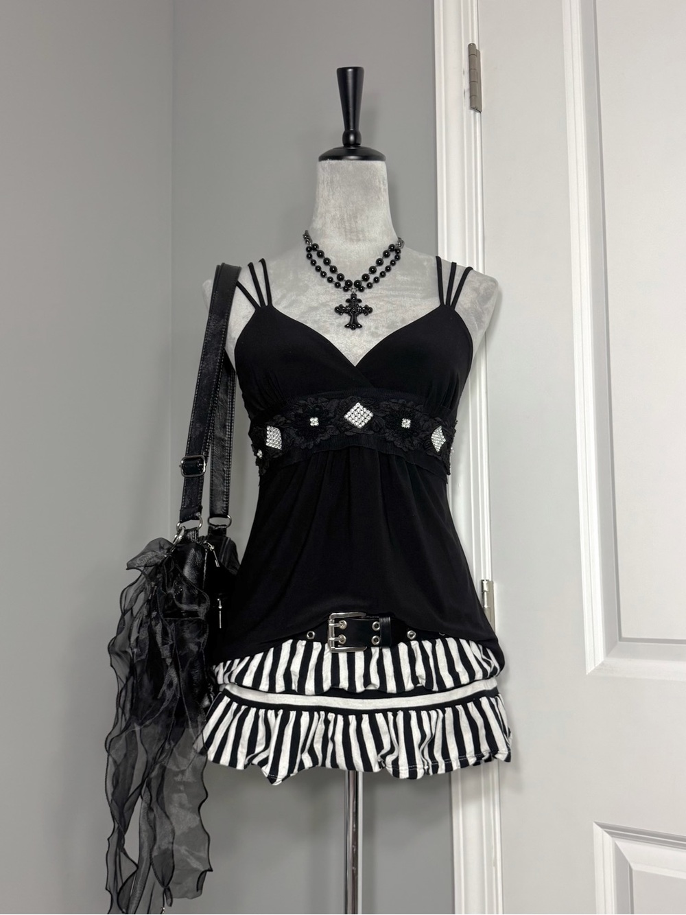 Vintage Lipstick Triple Strap Flare Tank with Chiffon Floral Lace Design